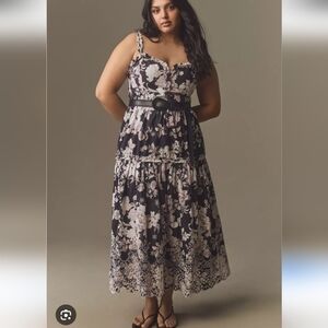 Anthropologie Sleeveless Sweetheart A-Line Eyelet Lace Midi Dress Dark Floral 2X